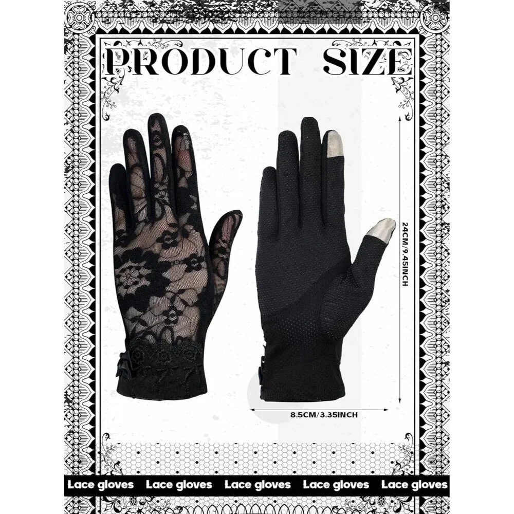 Women's Black Short Floral Finger Less Nylon Halloween Cosplay Lace Gloves